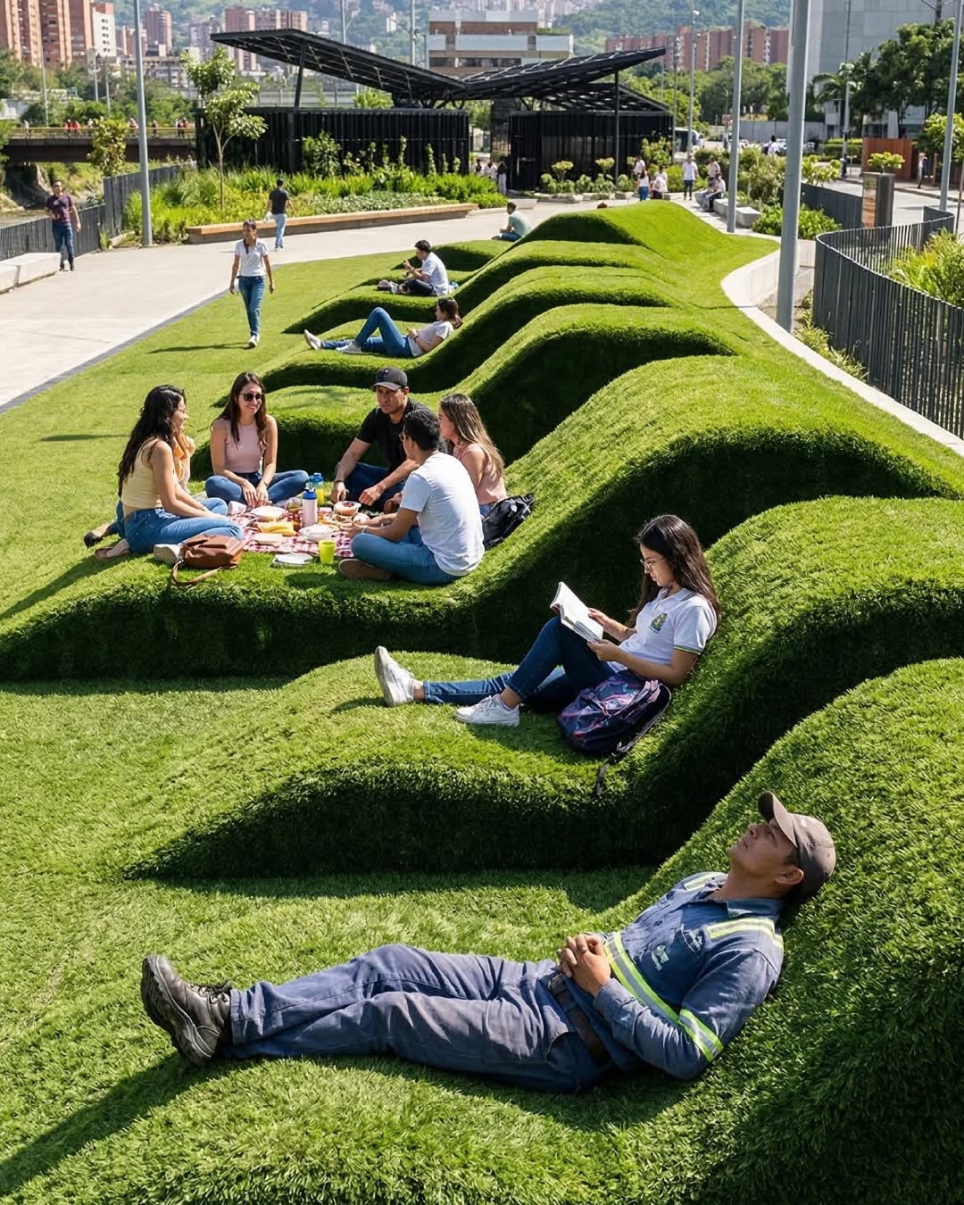Bancos públicos moldados sobre o gramado do parque