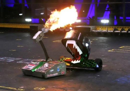 Designers projetam robôs equipados com armas e blindagem e os jogam em uma arena de combate
