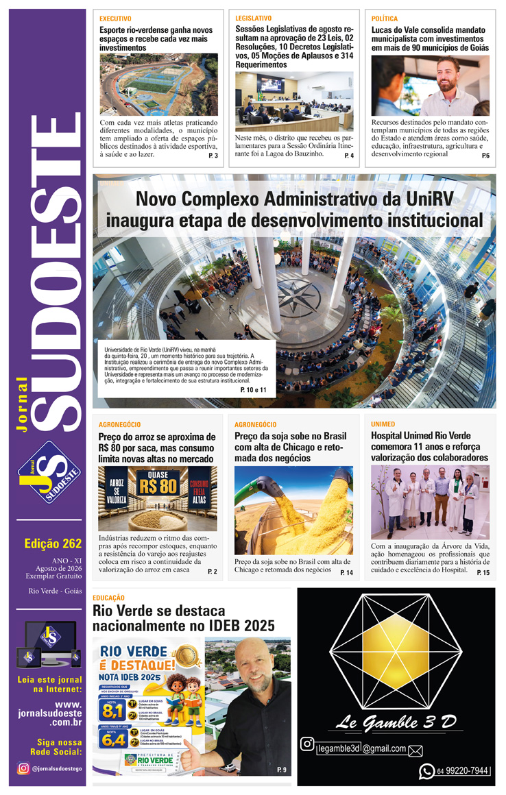 Jornal Sudoeste Impresso e Digital - Edição 262. Divulgue sua marca em Rio Verde e todo Brasil.