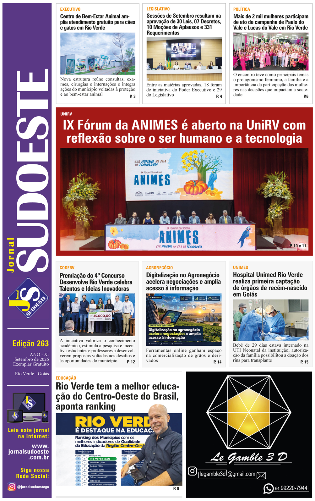 Jornal Sudoeste Impresso e Digital - Edição 263. Divulgue sua marca em Rio Verde e todo Brasil.
